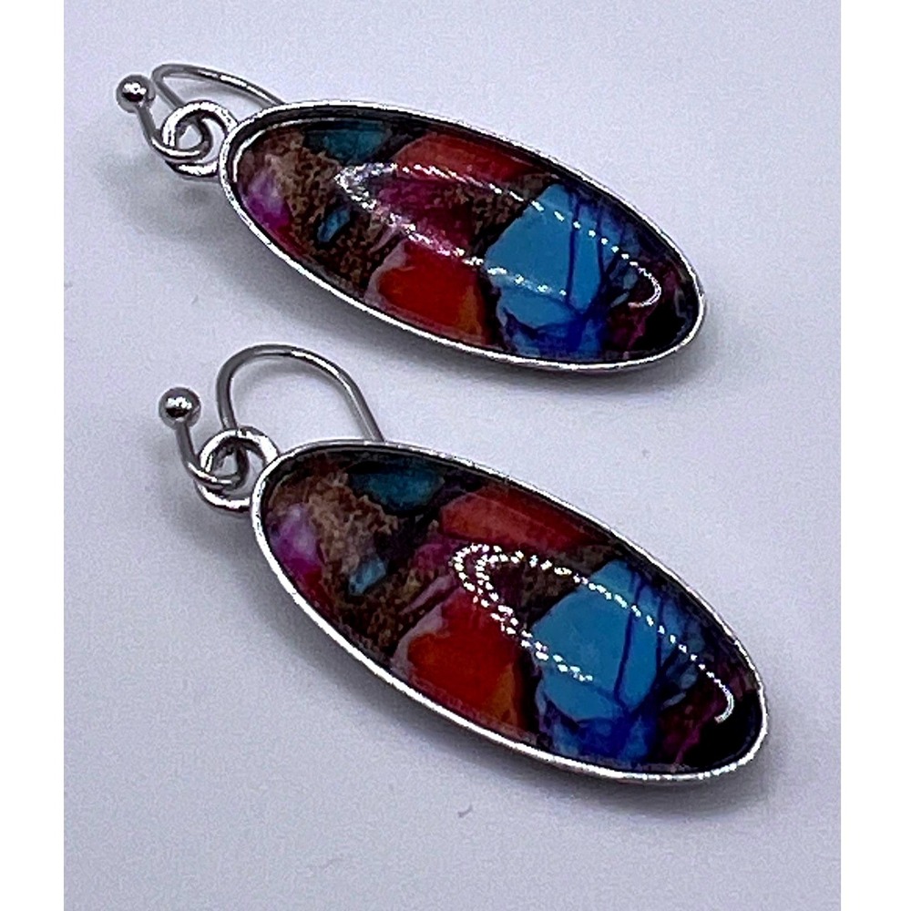 Art Glass‎ Mosaic-Style Oval Drop Earrings Silver Tone 1.5" Dangle Boho